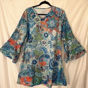 Boho Paisley Bell-Sleeve Tunic - Blue & Orange